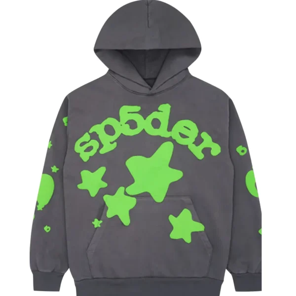 This photo shows Sp5der Beluga Hoodie Grey/Green from the front side